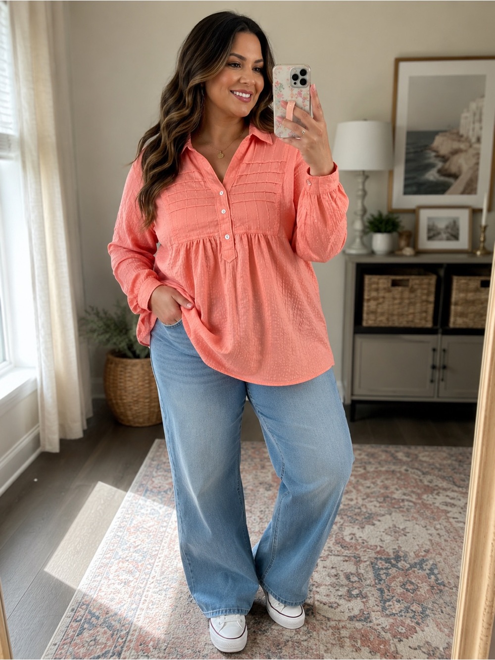 🎀3 For $25 Bundle! Westbound Coral Peasant Button-Front Top Size Large Blouse